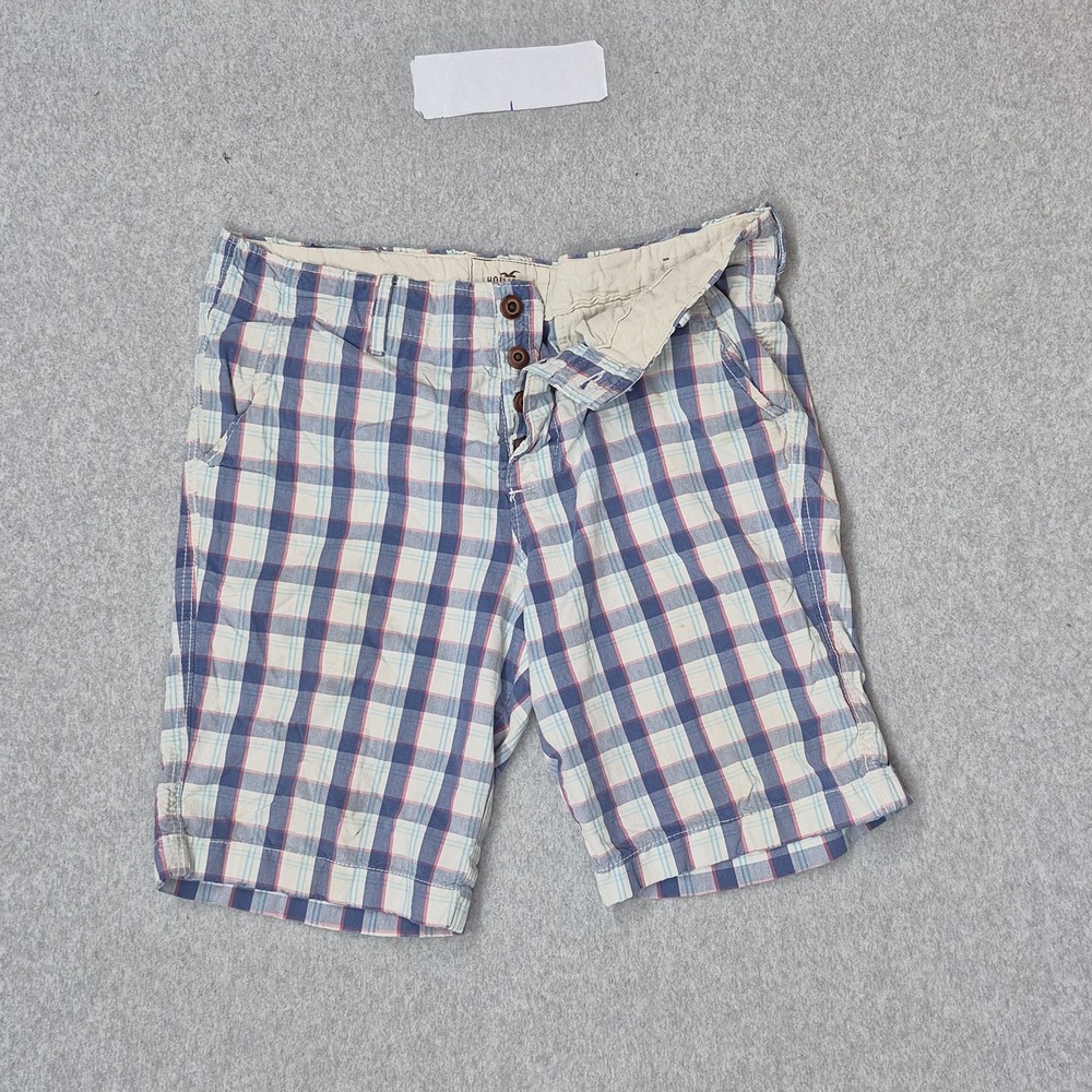 Hollister Men Shorts 34 Blue Plaid Chino Casual Button 9" Inseam Logo